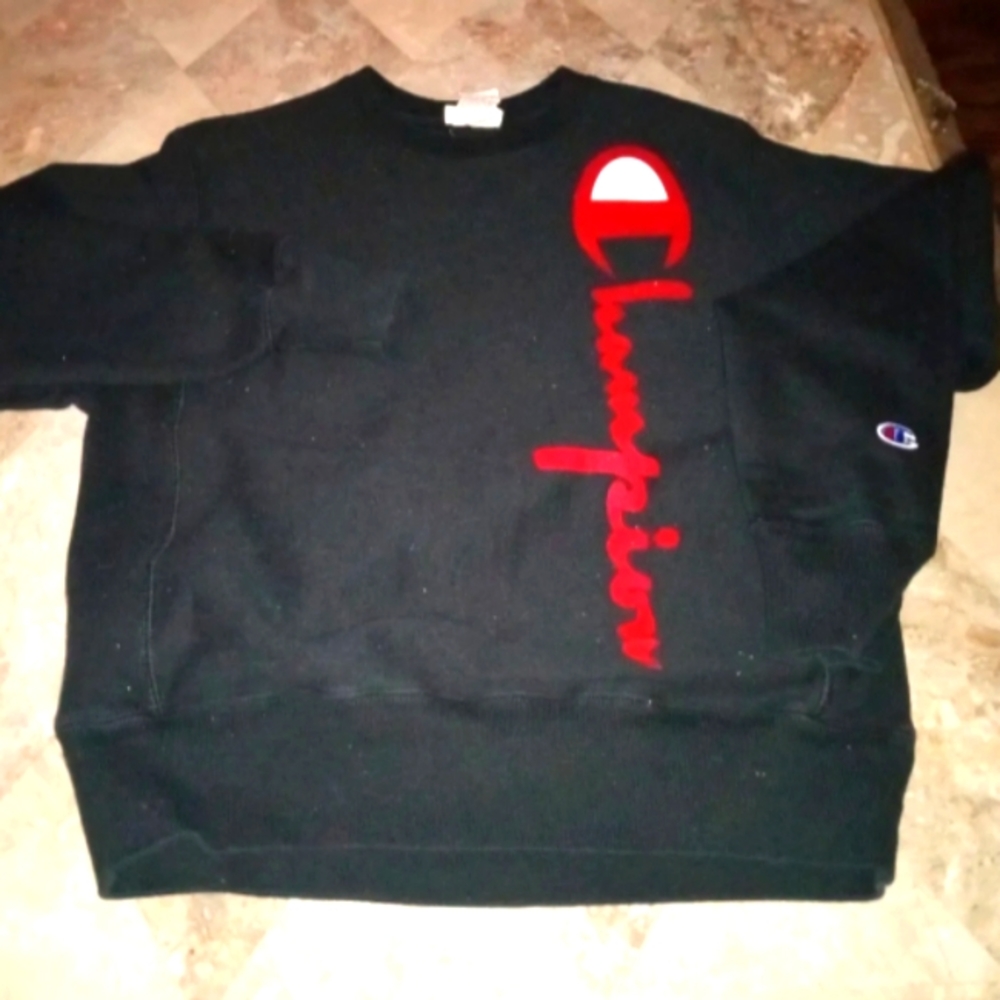 Small Vintage 90s Champion Black Reverse Weave Sweatshirt Red Writing